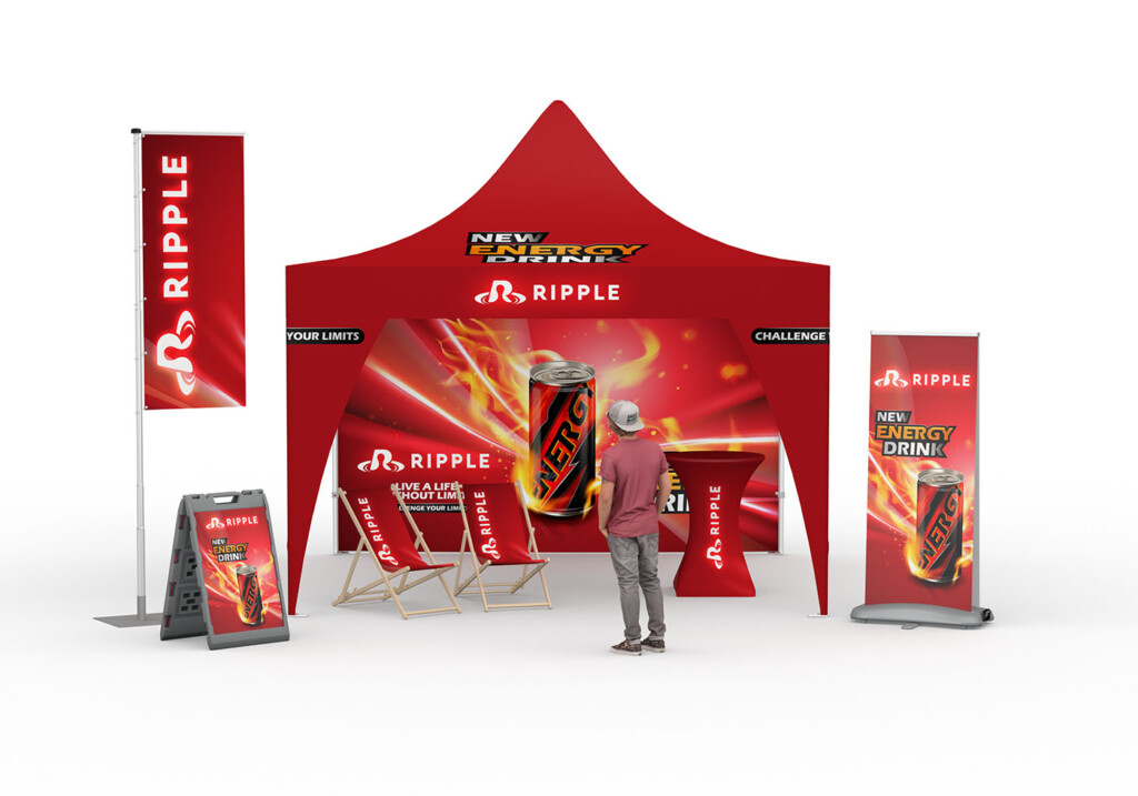 Messestand Idee Outdoor: Zelt, Kundenstopper, Roll Up, Liegestühle, Stehtisch, Fahne